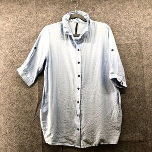 Korean‎ Fashion Brand Merbe Womens Blue Tunic Button Up Shirt Ruffle Collar Sz M